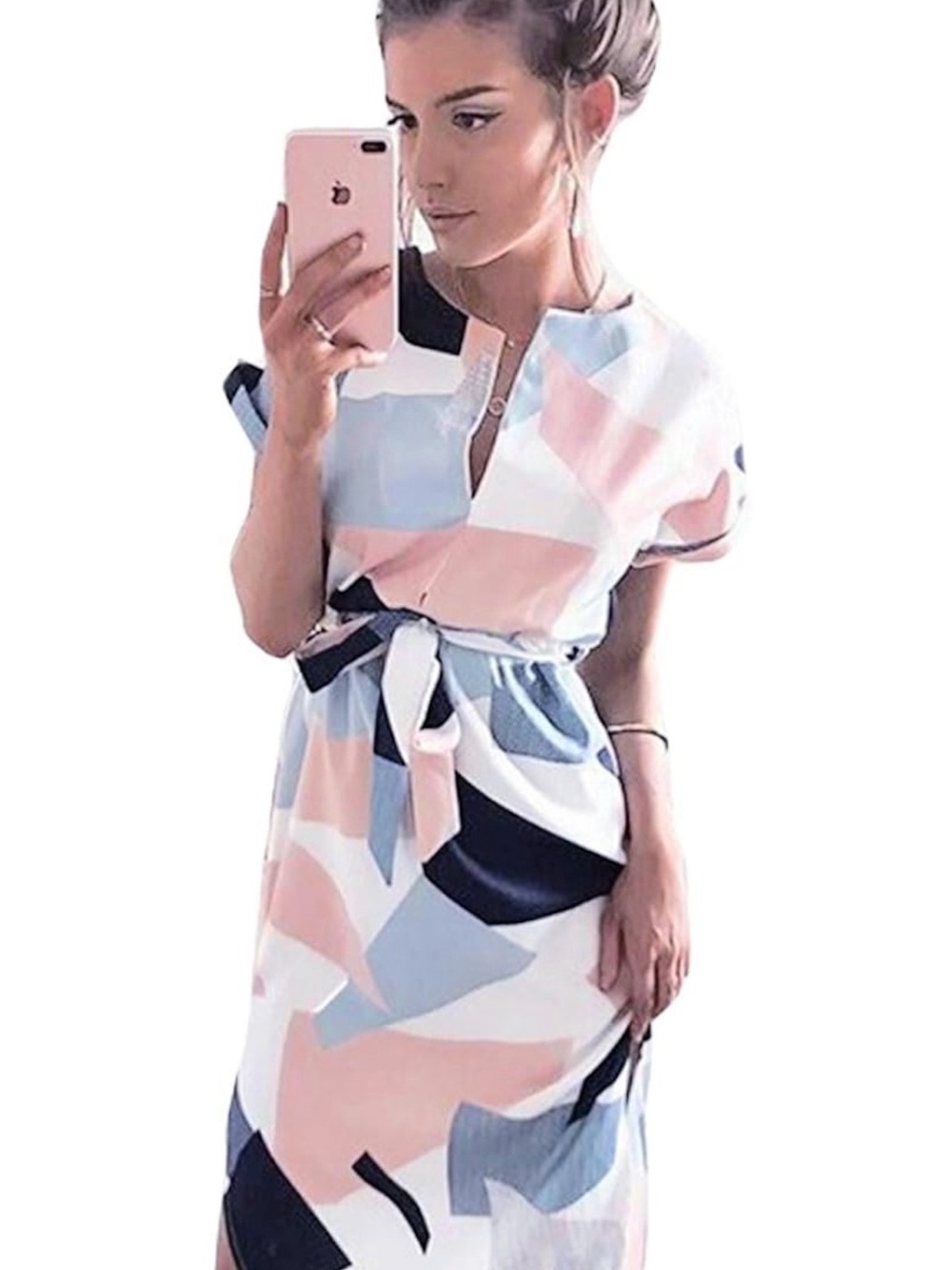 Abstract Colorblock Belted Midi Dress in Pink, Blue & White